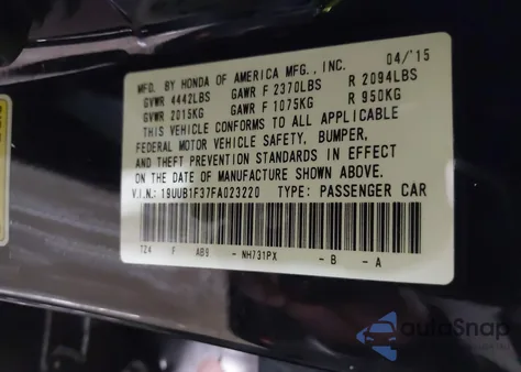2015 Acura Tlx from USA, damaged, VIN 19UUB1F37FA023220
